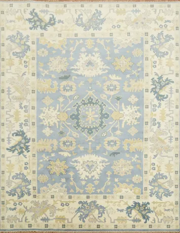 Luxurious Blue Floral Motif Oushak Wool Rug 9'x12'