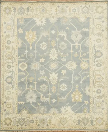 Charming Oushak Wool Area Rug in Soft Hues of Blue and Ivory 8'x10'