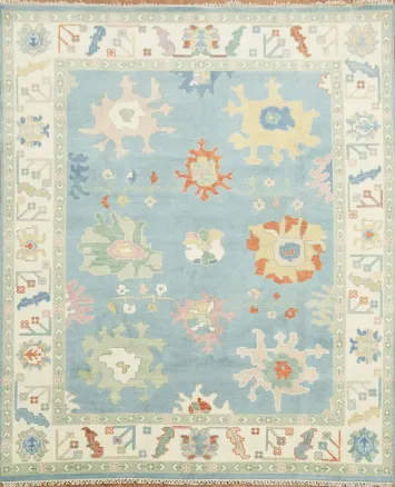 Classic Pastel Patterned Light Blue Oushak Rug for a Graceful Living Space 8'x10'