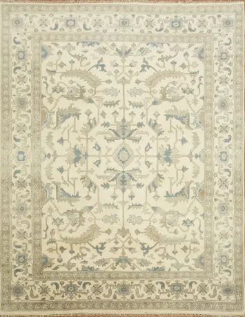 Ornate Ivory and Blue Oushak All-Over Oriental Area Rug 9'x12'