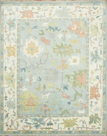 Soft Blue and Cream Oushak Wool Rug Featuring Artistic Flora Design 12'x15'
