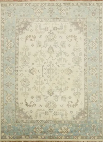 Traditional Patterned Ivory and Blue Oushak Large Rug 10'x14'