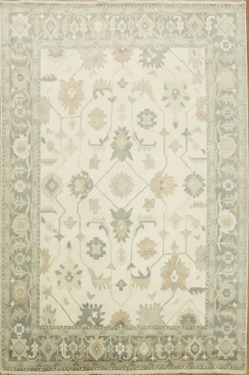 Ivory and Green Traditional Oushak Hand Made Large Rug 12x18