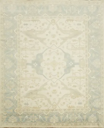 Elegant Ivory and Soft Blue Large Oushak Wool Rug 12'x15'
