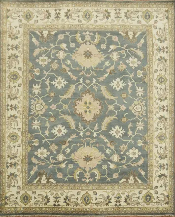 12'x15' Floral Motif Oushak Rug in Soft Blue and Cream Tones