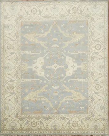Muted Blue and Ivory Traditional Oushak Hand Made Large Rug 12x15