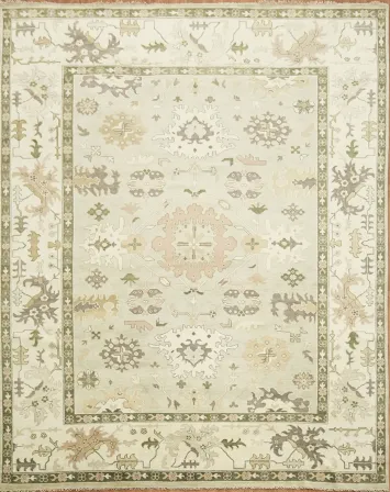 Beige and Olive Oushak Large Floral Patterned Wool Rug 12'x15'