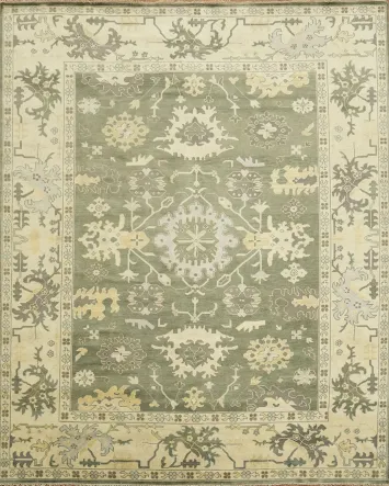 Botanical Inspired Green Rug Hand-Knotted Oushak Large Carpet 12'x15'