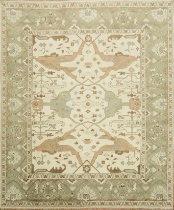 Oushak Textured Beige and Green Traditional Large Rug 12'x15'