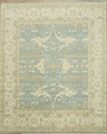 Exquisite Blue and Cream Oushak Hand-Knotted Large Rug 12'x15'