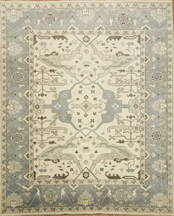 Ivory and Blue Traditional Oushak Hand Made Large Rug 12x15