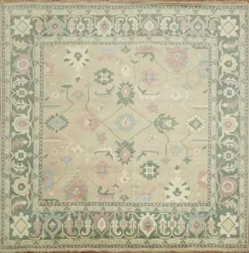 Traditional Floral Greens and Pinks Oushak Large Square Rug 12'x12'