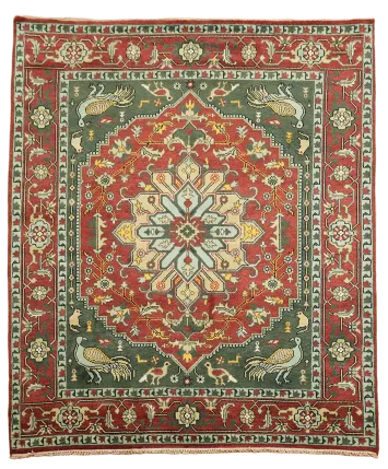 Birds Design Traditional Red and Green Living Room Rug 8'x10'