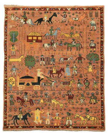 Terracotta/rust Pictorial Human Horse Tribal Art Rug 8x10
