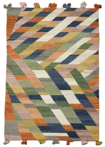 Flat-Weave Kilim Chevron Pattern Rug in Rich Kaleidoscopic Colors 5'x8'