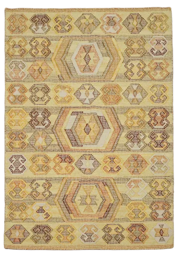 Warm Yellow and Brown Geometric Pattern Kilim Wool Rug 5'x8'