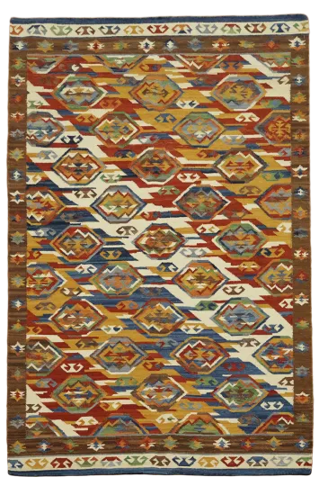 Vibrant Geometric Kilim Wool Rug with Rich Earthy Tones 5'x8'