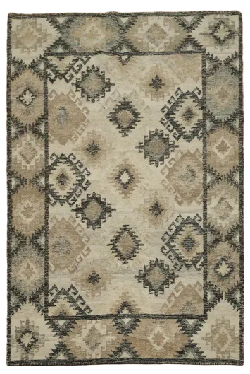 5'x8' Kilim Beige and Grey Rug with Traditional Motifs
