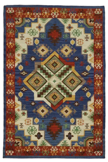 Vibrant Geometric Hand-Woven Kilim Wool Rug 5'x8'
