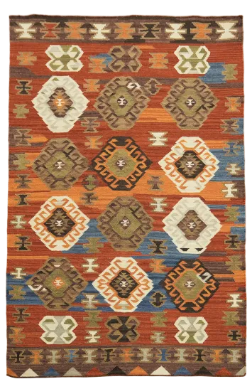 Boho Chic Kilim Rug Featuring Bold Earthy Hues 5'x8'