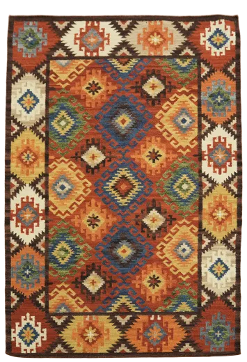 Southwestern Style Kilim Wool Area Rug with Bold Geometric Motifs 5'x8'