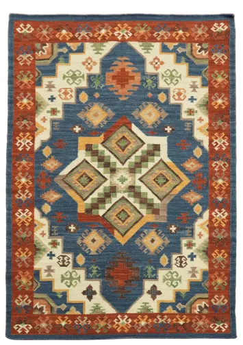 Richly Colored Geometric Blue Kilim Flat-Weave Wool Rug 5'x8'