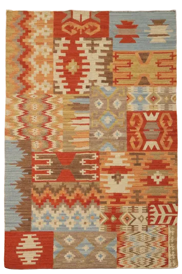 Southwestern-Inspired Kilim Rug with Bold Geometric Patterns 5'x8'