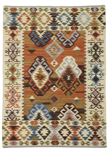 Colorful Kilim Rug Featuring Bold Tribal Design Elements 4'x6'