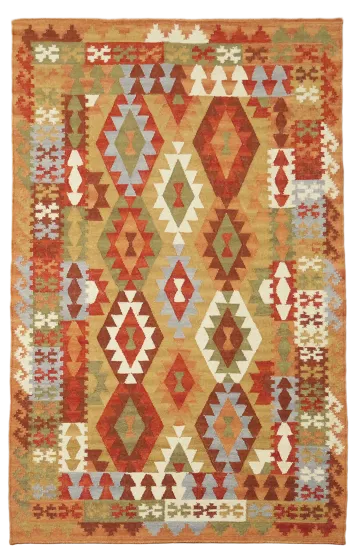 Vibrant Geometric Patterns Kilim Flat-Woven Wool Rug 5'x8'