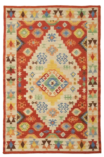 Artistic Kilim Rug with Intricate Geometric Motifs 5'x8'