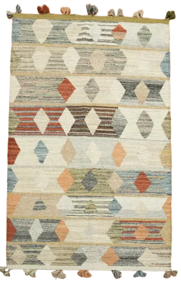 Earthy Tones Geometric Kilim Wool Rug with Fringe for Timeless Style 5'x8'