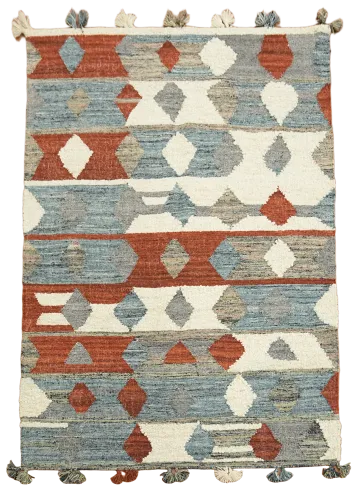 Geometric Patterned Rug in Terracotta and Sky Blue with Tassels 6'x8'