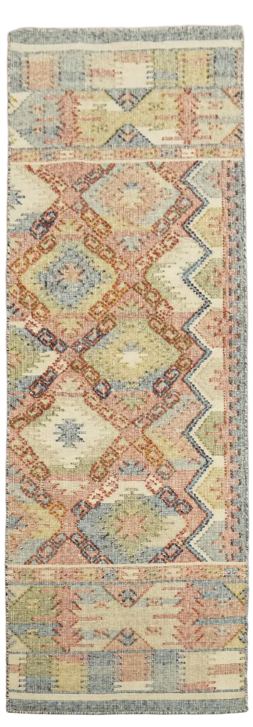 Intricate Pastel Southwestern Distressed Kilim Runner for Modern Interiors 3'x8'