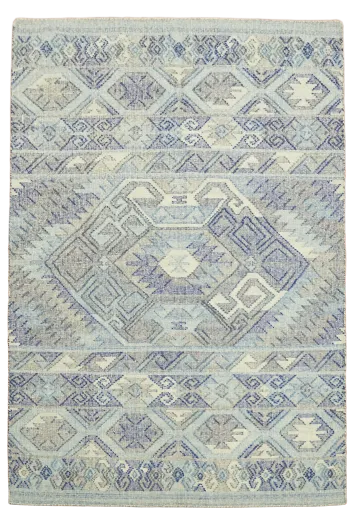 6'x8' Flat-weave Kilim Wool Rug in Soft Hues of Blue in a Stunning Geometric Design