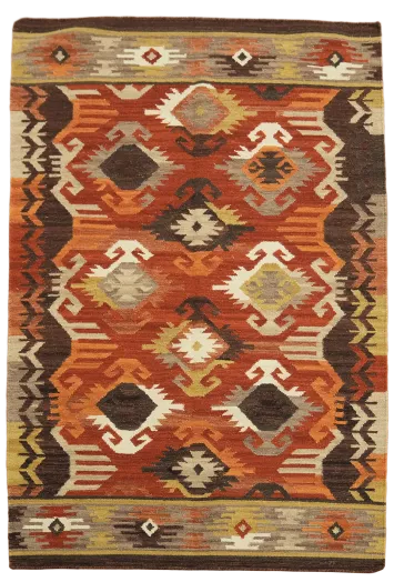 Burnt Orange and Brown Geometric Tribal Kilim Area Rug 4'x6'