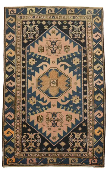 Blue Vintage Geometric Hamedan Persian Wool Rug 5x8