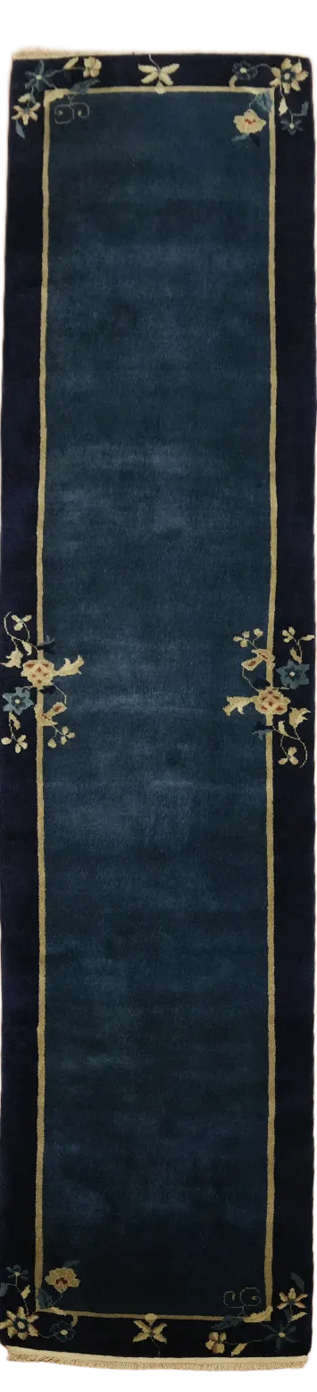 Blue Vintage Wool Art Deco Oriental Rug 3x12
