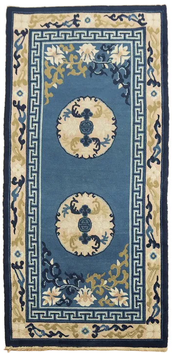 Blue Antique Wool Art Deco Chinese Runner Rug 2x5