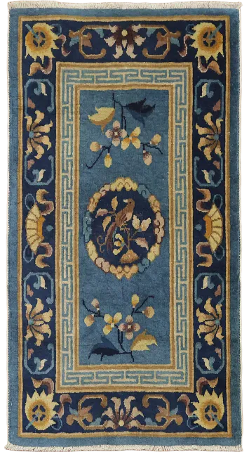 Bliue Vintage Wool Art Deco Chinese Rug 2x4
