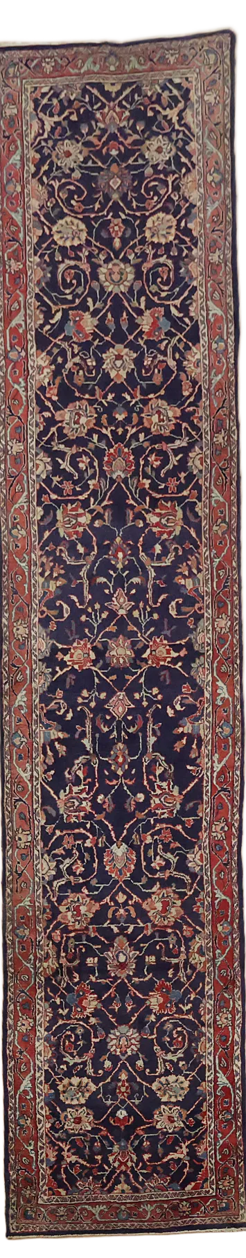 Blue Vintage Wool Sarouk Persian Runner Rug 3x13