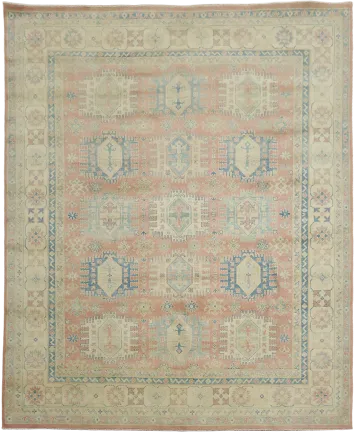 Vintage-Inspired Muted Salmon Coral and Blue Area Rug with Soft Pastel Color 8x10