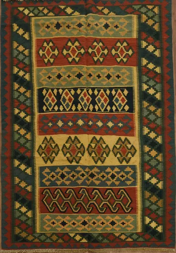 Artfully Designed Kilim Persian Rug with Earthy Tones and Bold Geometry 5x7