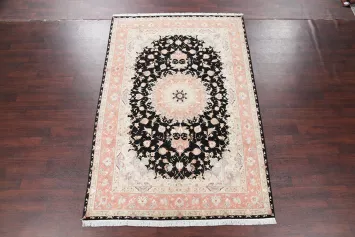 Luxurious Black and Salmon Tabriz Persian Rug Exquisite Floral Details 7x10