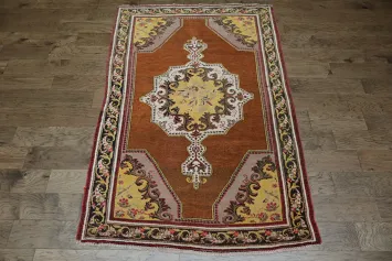 Pre-1900 Vegetable Dye Rust and Yellow Oushak Turkish Rug 5x7