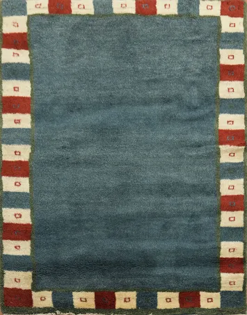 Contemporary Blue Gabbeh Persian Rug Highlighted with Vibrant Red and Cream Borders 4x5
