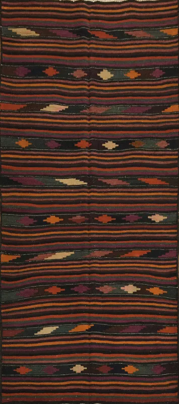 Handwoven Striped Kilim Rug Infused with Warm and Cool Earthy Shades 4x9