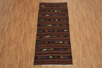 Handwoven Striped Kilim Rug Infused with Warm and Cool Earthy Shades 4x9
