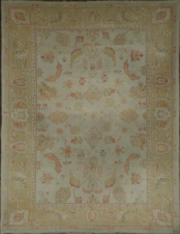 Antique Muted Green and Gold Oushak Turkish Living Room Rug 9x12