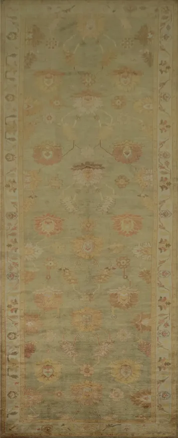 Muted Green Floral Vintage Look Oushak Turkish Rug 7x22