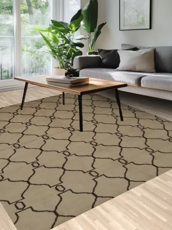 Beige Moroccan Area Rug 8x10 with Stylish Black Geometric Patterns